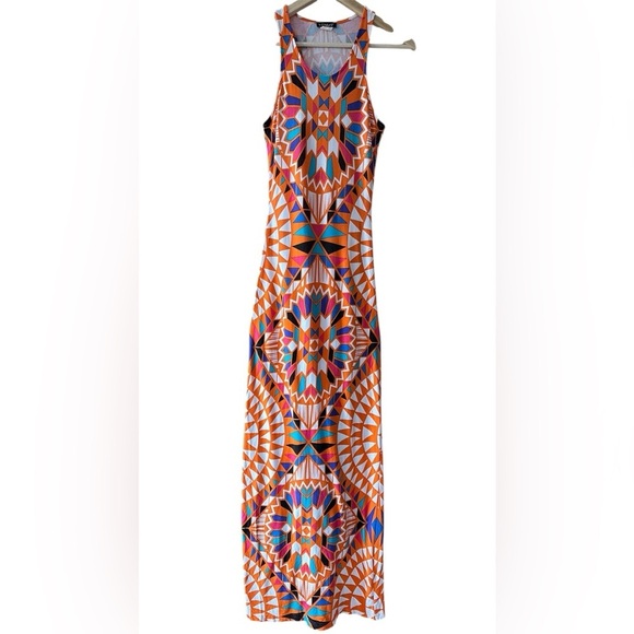 Geometric Aztec Southwestern Long Tank Maxi Dress Orange Blue Turquoise - XS - Picture 1 of 15
